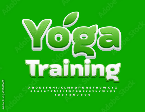 Vector healthy logotype Yoga Training. Elegant White and Green Font. Modern Alphabet Letters and Numbers set