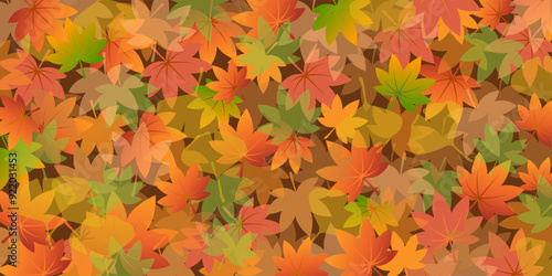 秋にぴったりな、赤や緑の紅葉したカエデの葉が重なるベクター背景画像