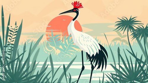 Create a illustration of a Red Crowned Crane A red crowned crane in a wetlandin a kawaii style, simplified to feature fewer elements for a cleaner look, Use a color palette that is appealin photo