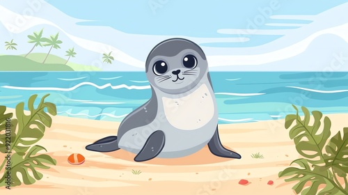 Create a vector illustration of a Hawaiian Monk Seal on Beach   A Hawaiian monk seal on the sandin a kawaii style, simplified to feature fewer elements for a cleaner look, Use a color palette that is photo