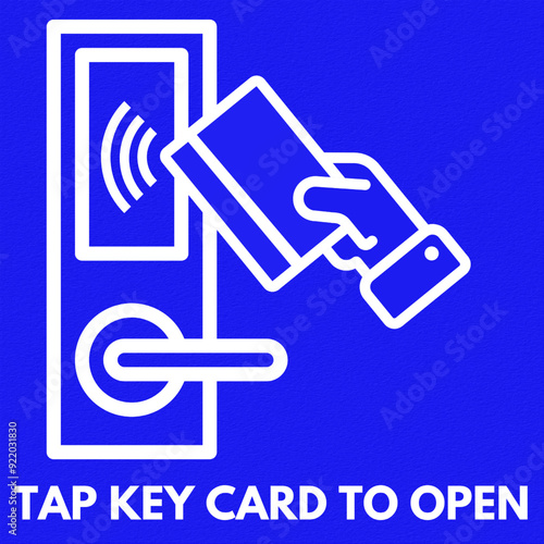 Vector illustration of how to open an electronic door with a key card with NFC symbol and blue background
