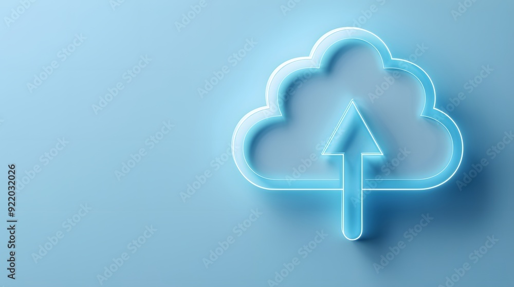 A glowing cloud-shaped icon with an upward arrow symbolizes cloud storage and data upload on a light blue background. A glowing cloud-shaped icon with an upward arrow symbolizes cloud storage and data upload on a light blue background.