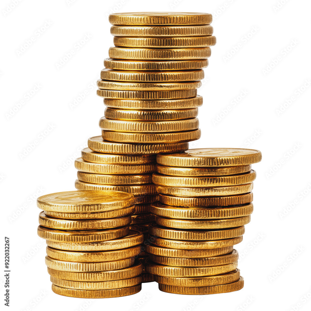PNG Stacked gold coins shining under bright light PNG Stacked gold coins shining under bright light