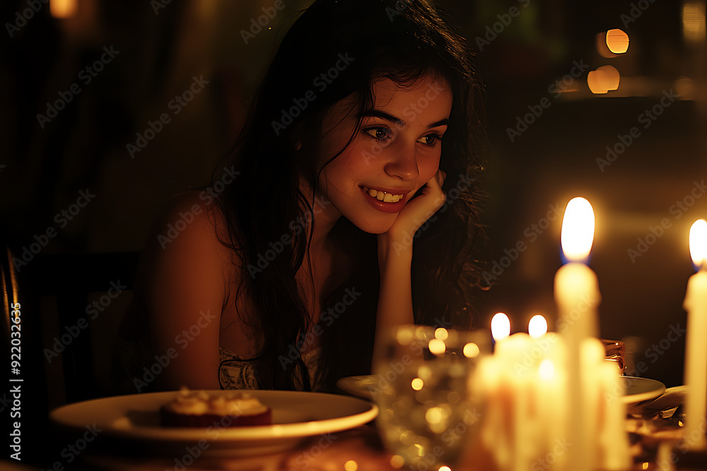 A photograph of a young woman enjoying a secluded candlelit her birthday dinner A photograph of a young woman enjoying a secluded candlelit her birthday dinner