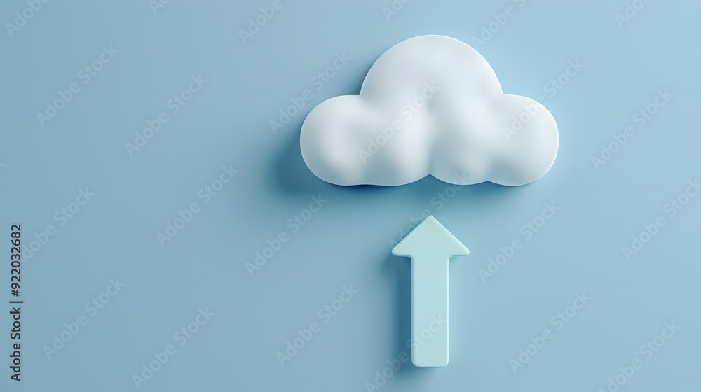Abstract cloud computing concept with white cloud and upward arrow on blue background, representing data upload and internet storage. Abstract cloud computing concept with white cloud and upward arrow on blue background, representing data upload and internet storage.