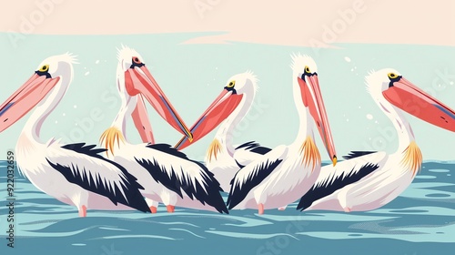 Create a vector illustration of a A group of pelicans by the waterin a kawaii style, simplified to feature fewer elements for a cleaner look, Use a color palette that is appealing to children, with br photo