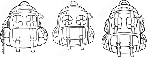 Line drawing backpack clip art game object children coloring thick thin contour stroke product design cartoon detailed 2D art flat illustration prop set outline hiking sports bag fantasy flat style