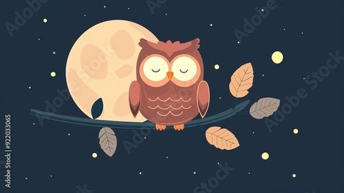 Create a illustration of a Owl perched on a moonlit branchin a kawaii style, simplified to feature fewer elements for a cleaner look, Use a color palette that is appealing to children, with bri photo