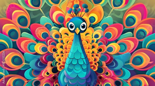 Create a vector illustration of a Peacocks displaying their feathersin a kawaii style, simplified to feature fewer elements for a cleaner look, Use a color palette that is appealing to children, with photo