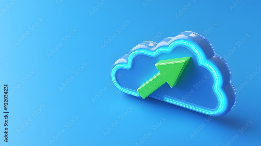 Blue cloud with green arrow representing cloud computing, data storage, and uploading on a vibrant blue background. Blue cloud with green arrow representing cloud computing, data storage, and uploading on a vibrant blue background.