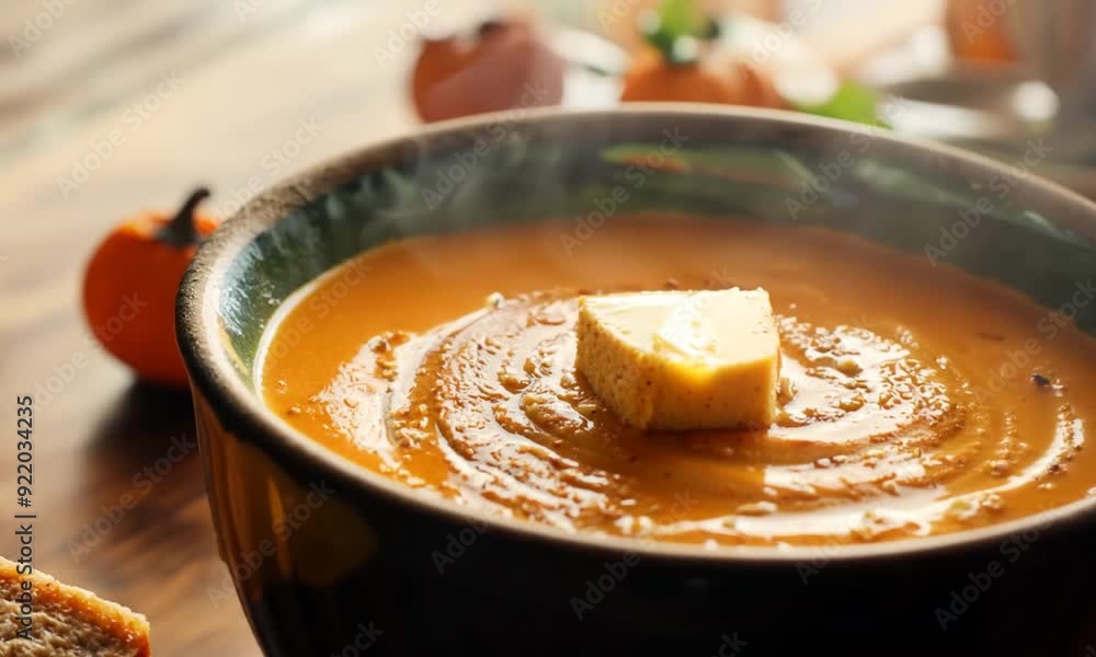 Steamy Butternut Squash Soup Served with Rustic Bread Slice Steamy Butternut Squash Soup Served with Rustic Bread Slice