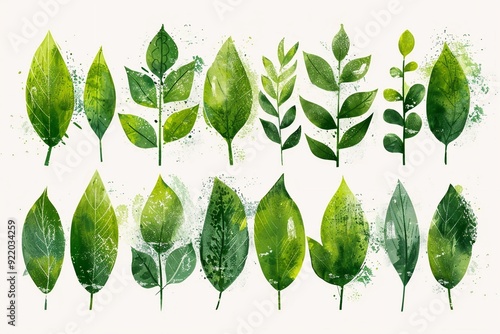 Set of texture green leaves. Vector grunge modern textured brush stroke, scribbled. Abstract plant print. Doodle hand drawn natural elements for backgrounds, templates, wallpaper, card	
