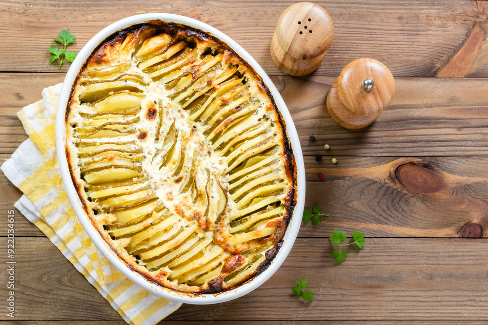 Potato zucchini bake in baking dish on wooden background. top view, copy space. Potato zucchini bake in baking dish on wooden background. top view, copy space.