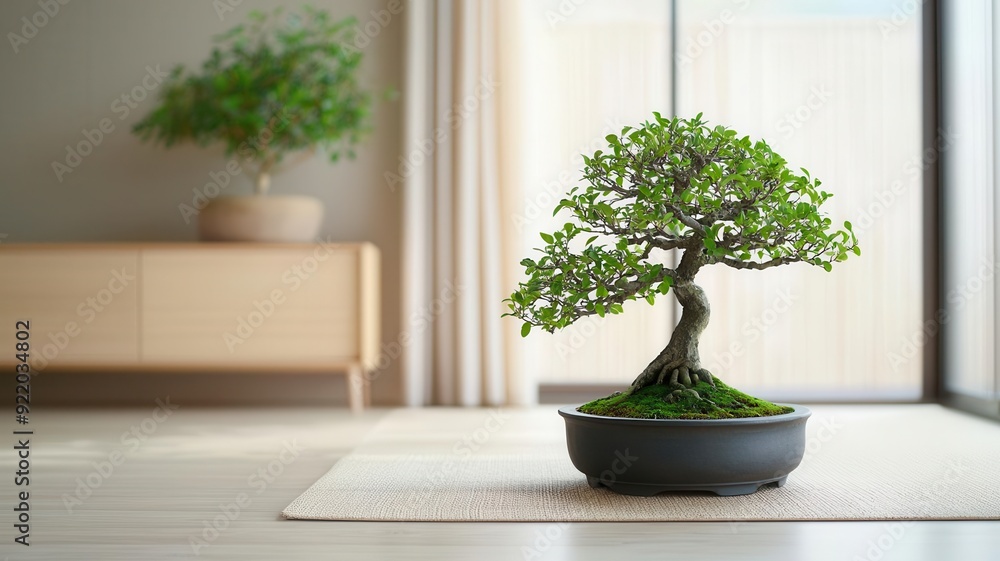 Zen-inspired living space with a bonsai tree centerpiece, muted tones, natural wood elements, Japanese design aesthetic, balanced interior, peaceful ambiance Zen-inspired living space with a bonsai tree centerpiece, muted tones, natural wood elements, Japanese design aesthetic, balanced interior, peaceful ambiance