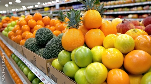 Vibrant assortment of fresh fruits displayed in quaint market boxes, creating a colorful backdrop for healthy shopping