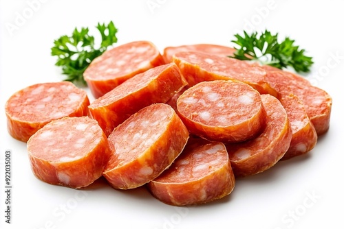 Sliced boiled sausages arranged neatly on a white background, showcasing their plump, tender texture and golden-brown edges. Each slice reveals a succulent interior, perfect for a quick snack or addin