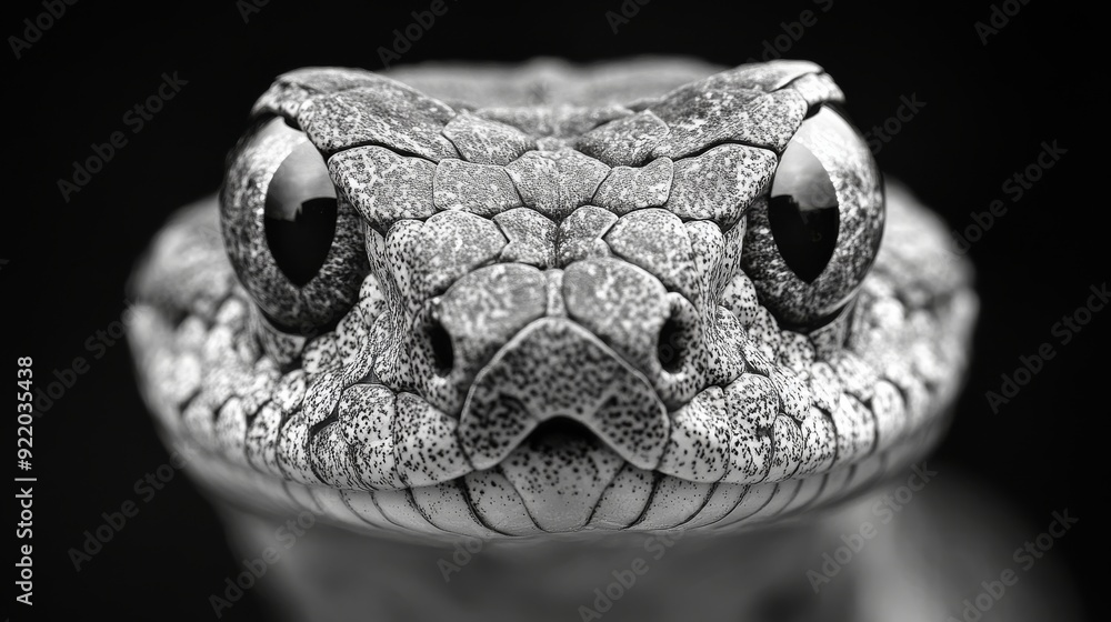Fototapeta premium Snake staring directly at viewer with scales showing in black and white