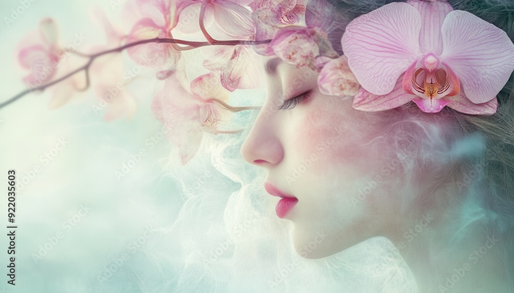 Woman with flowing hair decorated with pink orchids surrounded by ethereal mist Woman with flowing hair decorated with pink orchids surrounded by ethereal mist