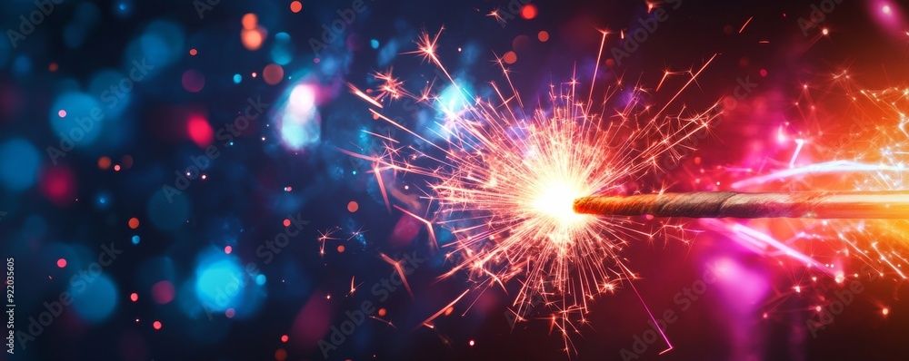Naklejka premium Bengal light sparkler is burning with colorful sparkles on festive background