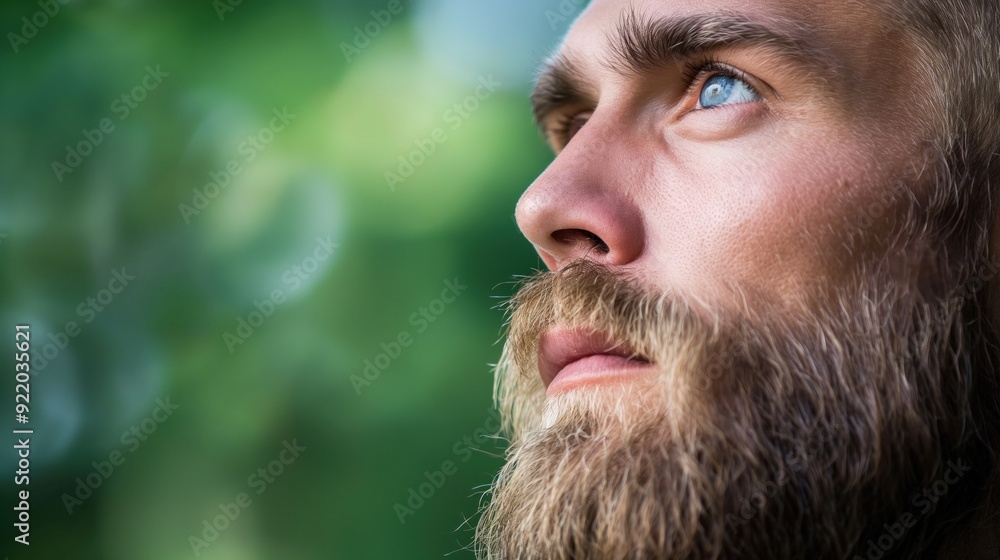 A man with a prominent beard contemplates quietly while surrounded by vibrant greenery, soaking in the calm atmosphere of a sunny day outdoors A man with a prominent beard contemplates quietly while surrounded by vibrant greenery, soaking in the calm atmosphere of a sunny day outdoors