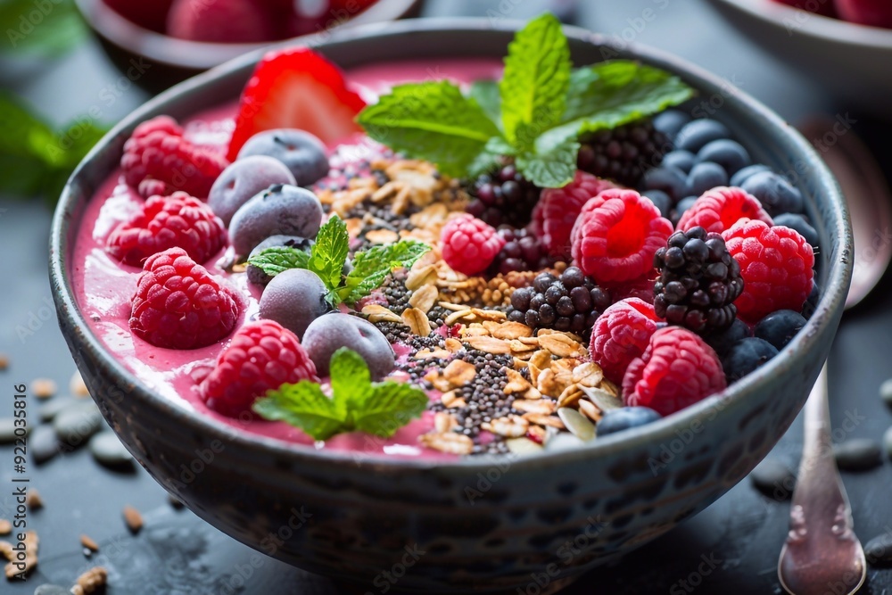 A vibrant smoothie bowl topped with an assortment of fresh fruits and crunchy seeds. The creamy base is adorned with colorful slices of berries, bananas, and a sprinkle of chia or flax seeds, creating A vibrant smoothie bowl topped with an assortment of fresh fruits and crunchy seeds. The creamy base is adorned with colorful slices of berries, bananas, and a sprinkle of chia or flax seeds, creating