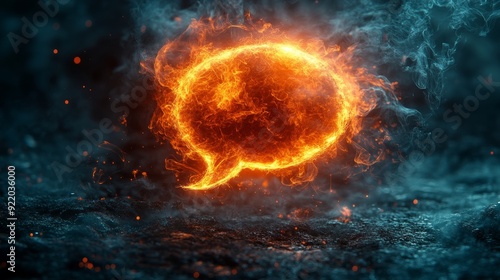 Burning speech bubble floating over dark glowing embers