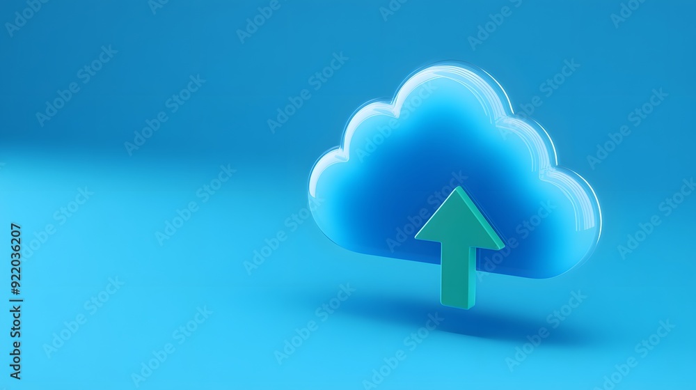 Cloud computing concept image with an illustrated cloud and an upward arrow, symbolizing data upload or storage on the cloud. Cloud computing concept image with an illustrated cloud and an upward arrow, symbolizing data upload or storage on the cloud.