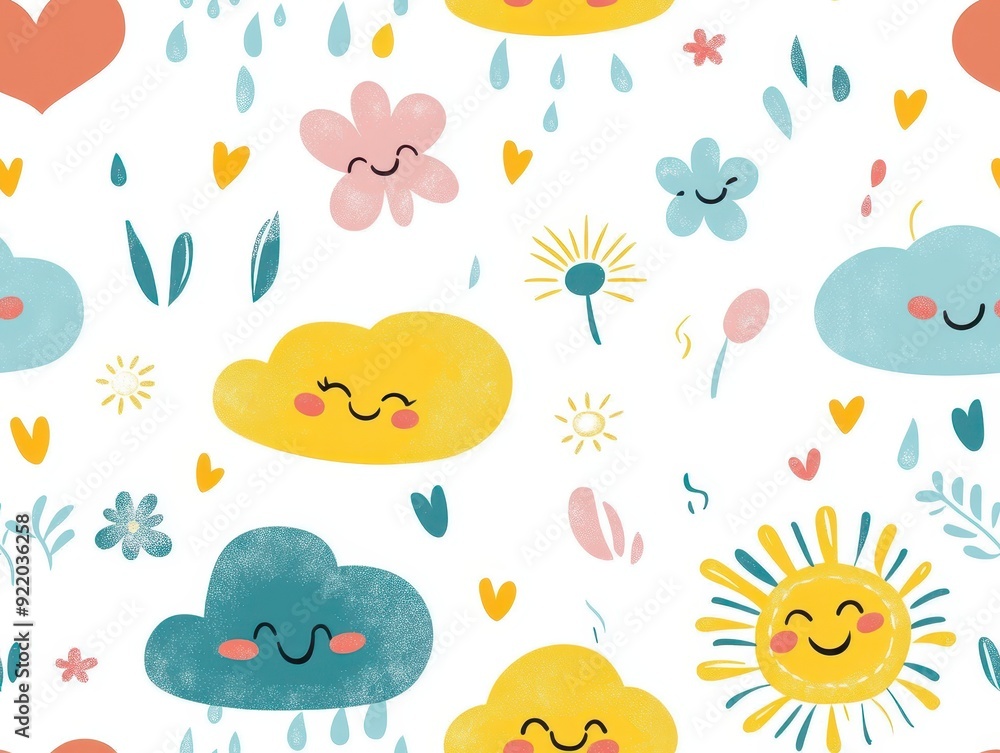 seamless pattern, Playful kawaii rainclouds showering heart-shaped raindrops on smiling flowers and adorable critters seamless pattern, Playful kawaii rainclouds showering heart-shaped raindrops on smiling flowers and adorable critters