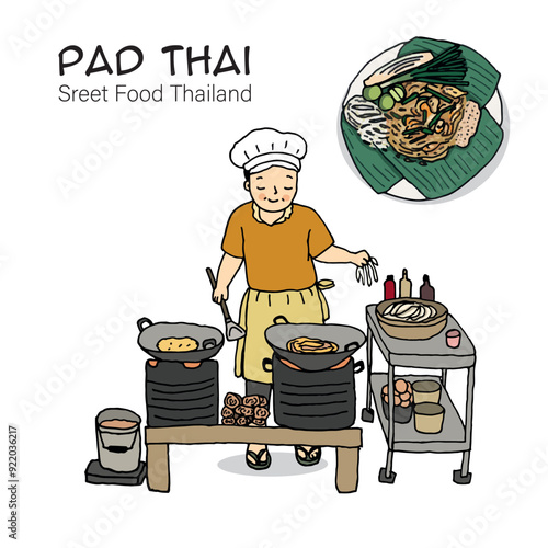 Street food in Thailand, woman cooking Pad Thai at street food market. Hand drawn style vector illustration.