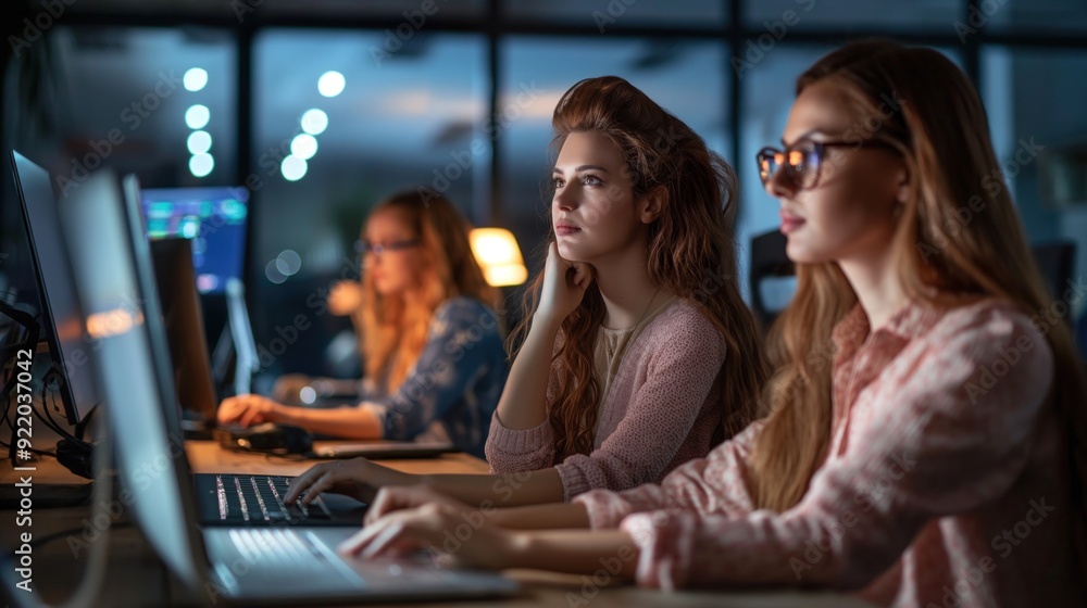 Three young women focus on their computer work in a dimly lit office, collaborating on projects late at night amidst glowing screens