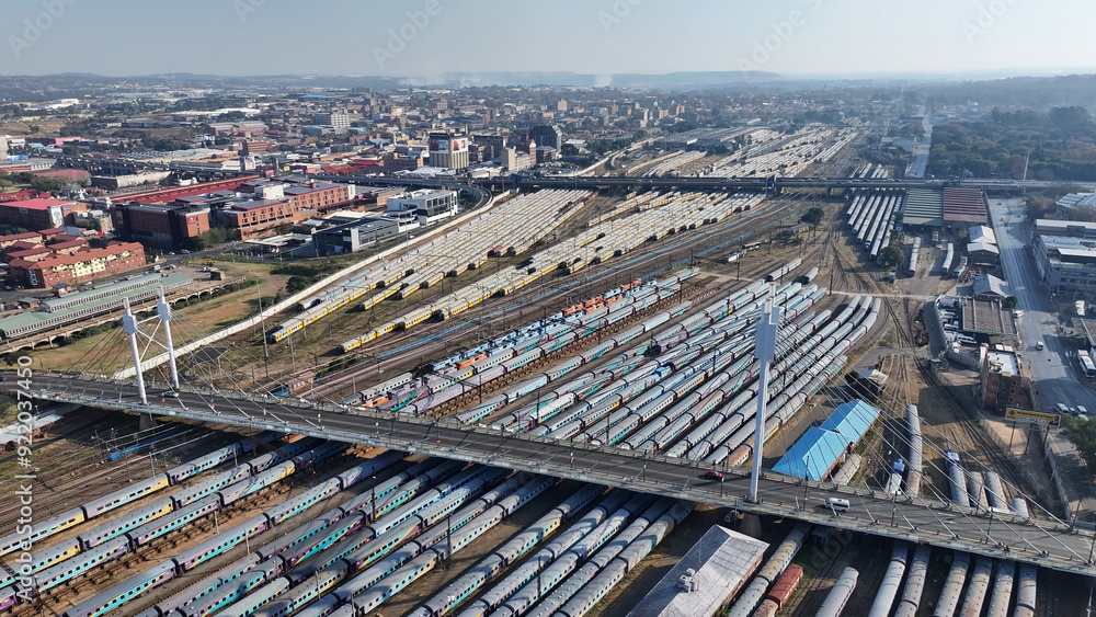 Fototapeta premium Mandela Bridge At Johannesburg In Gauteng South Africa. Downtown Cityscape. Business District Background. Johannesburg At Gauteng South Africa. High Rise Buildings. City Landmark.