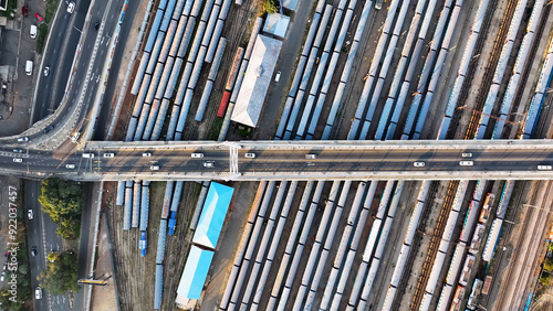 Nelson Mandela Bridge At Johannesburg In Gauteng South Africa. Top Down View Landscape. Megacity Background. Johannesburg At Gauteng South Africa. Downtown City. Urban Outdoor.