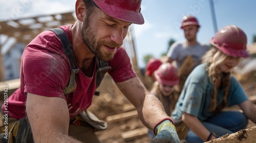 People building homes with Habitat for Humanity, teamwork and construction, expressions of hope and collaboration, promoting affordable housing and volunteerism, construction site setting photo