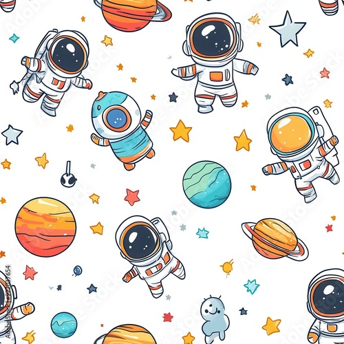 seamless pattern, Adorable kawaii astronauts exploring alien landscapes with smiling planets and sparkling stars