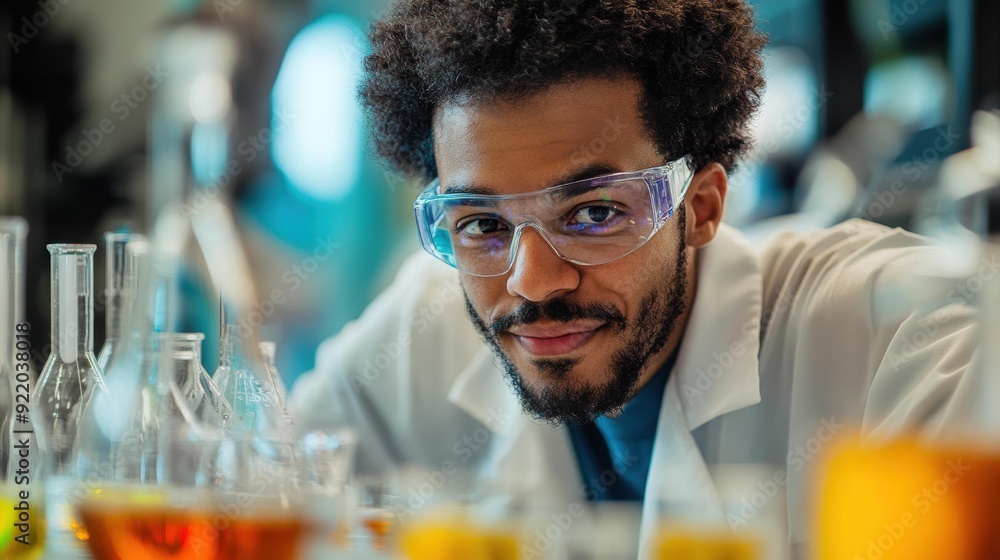 A smiling scientist in a lab coat and safety goggles is surrounded by various beakers with colorful liquids, showcasing a positive and engaging environment for scientific research, education A smiling scientist in a lab coat and safety goggles is surrounded by various beakers with colorful liquids, showcasing a positive and engaging environment for scientific research, education