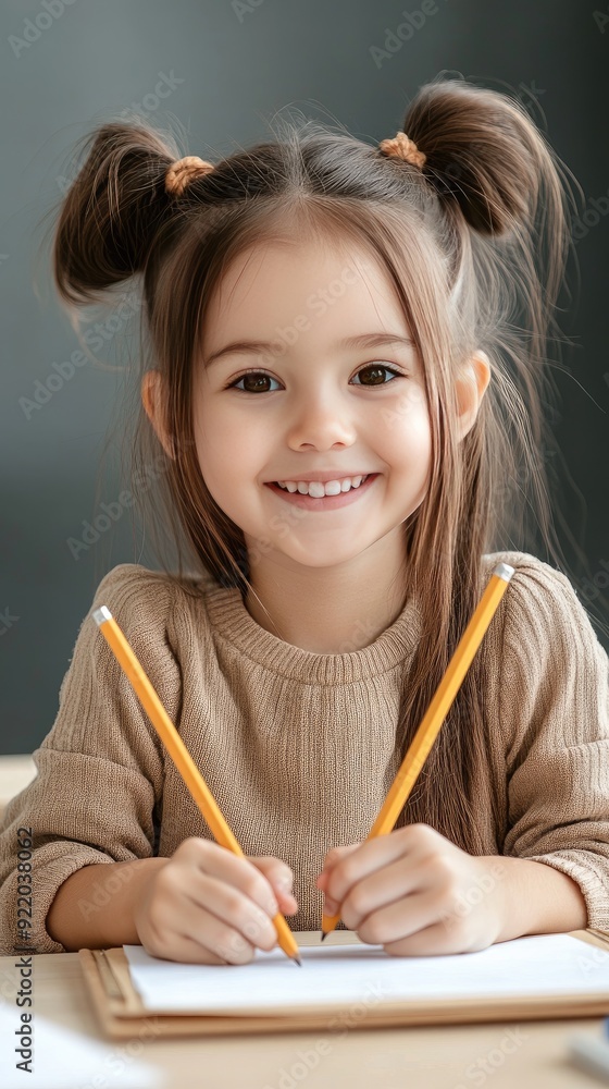 A joyful mixed race girl engages in creative writing at her classroom desk, smiling cheerfully under natural light A joyful mixed race girl engages in creative writing at her classroom desk, smiling cheerfully under natural light