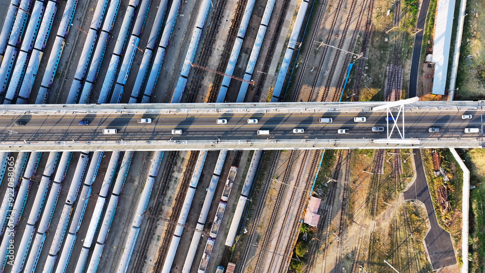 Obraz premium Mandela Bridge At Johannesburg In Gauteng South Africa. Top Down View Landscape. Megacity Background. Johannesburg At Gauteng South Africa. Downtown City. Urban Outdoors.