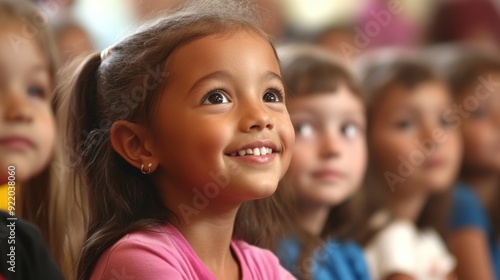 Elementary school students participating in a storytelling session, their faces filled with wonder and imagination, as they listen to a teacher narrate an engaging story, fostering a love of reading
