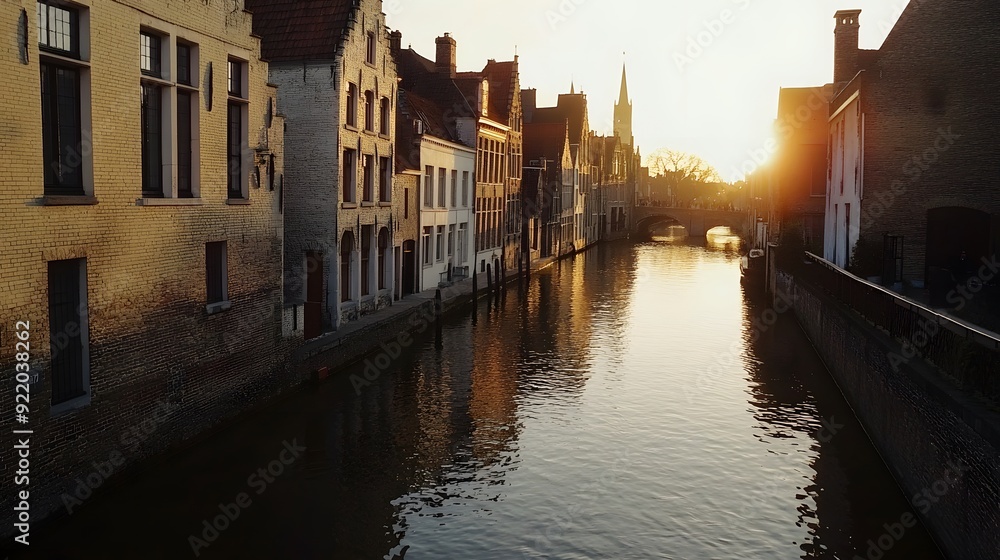 Fototapeta premium 68. **Picturesque canals and historic buildings in Bruges during golden hour