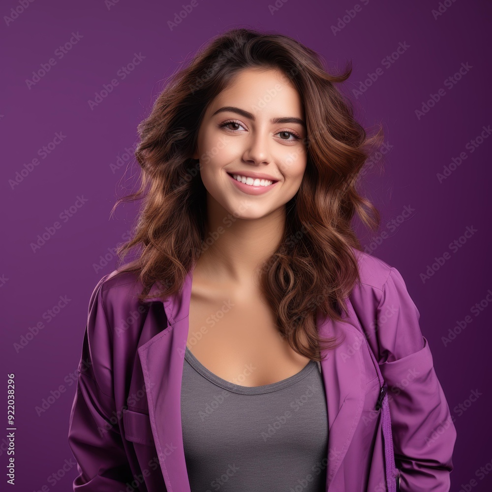 A young woman with wavy brown hair smiles confidently against a purple background, She is dressed in casual attire, making it ideal for use in lifestyle, fashion, and beauty-related content, A young woman with wavy brown hair smiles confidently against a purple background, She is dressed in casual attire, making it ideal for use in lifestyle, fashion, and beauty-related content,