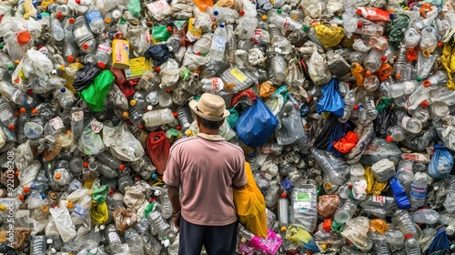 A man stands in front of an enormous collection of plastic bottles at a recycling center, reflecting on waste management practices and environmental challenges