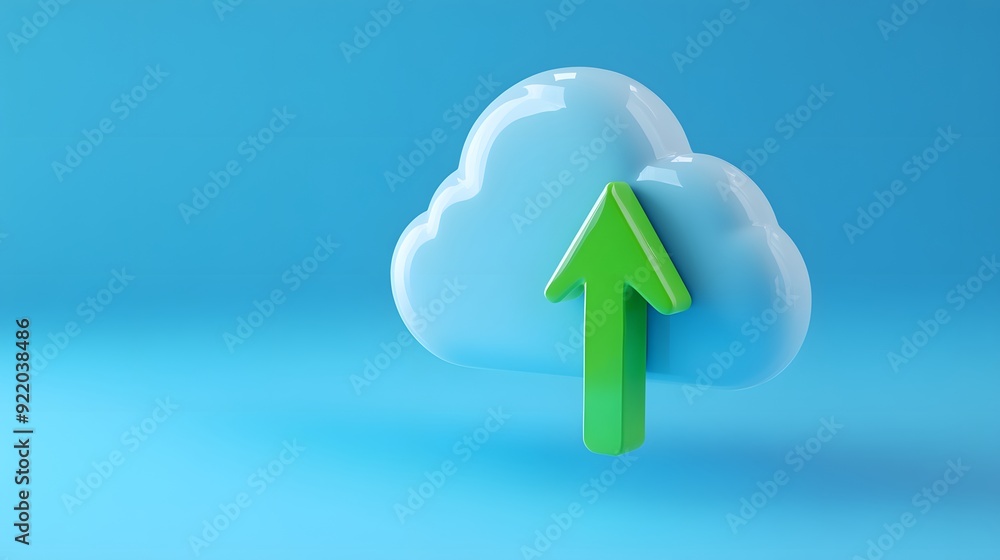 Cloud computing concept with an upward arrow symbolizing upload or data transfer against a blue background. Cloud computing concept with an upward arrow symbolizing upload or data transfer against a blue background.