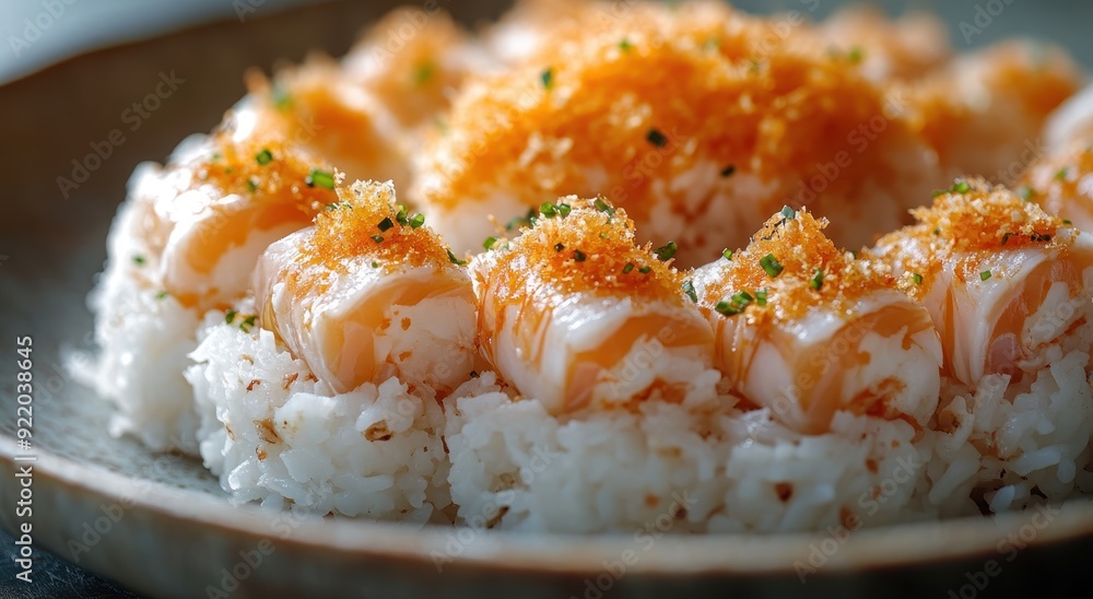Close-up of crab meat with some white and orange coral-colored food resembling sushi rice in the background. A lot of coconut cheese sits on top. Close-up of crab meat with some white and orange coral-colored food resembling sushi rice in the background. A lot of coconut cheese sits on top.