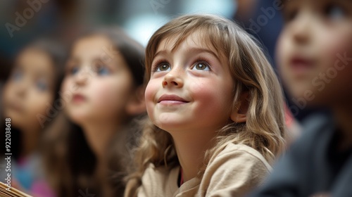Elementary school students participating in a storytelling session, their faces filled with wonder and imagination, as they listen to a teacher narrate an engaging story, fostering a love of reading