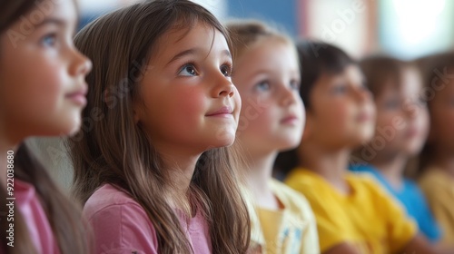 Elementary school students participating in a storytelling session in a cozy classroom, their faces filled with wonder and imagination, as they listen to a teacher narrate an engaging story,