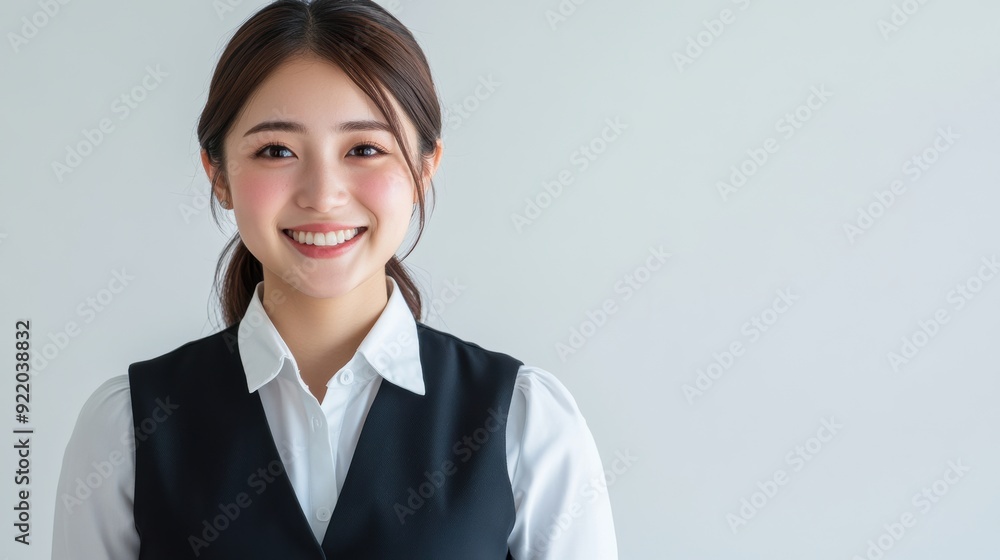 A Japanese woman in a white shirt and black vest, smiling warmly at the camera, set against a white background with ample white space above her. A Japanese woman in a white shirt and black vest, smiling warmly at the camera, set against a white background with ample white space above her.