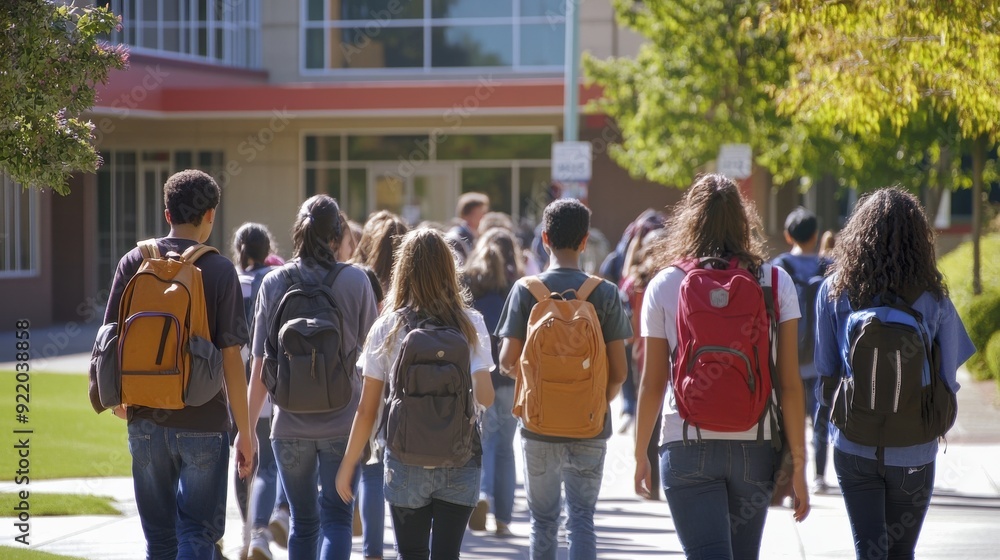 A diverse group of students walking away from a high school building, backpacks slung over their shoulders and chatting animatedly. The campus is set against a sunny backdrop, with the school A diverse group of students walking away from a high school building, backpacks slung over their shoulders and chatting animatedly. The campus is set against a sunny backdrop, with the school