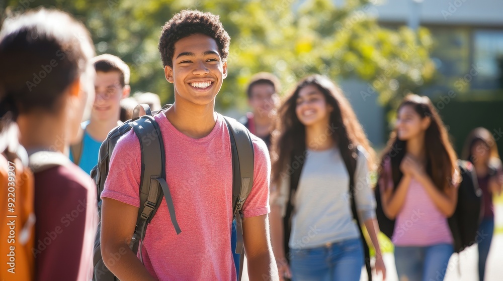 A diverse group of students walking away from a high school building, backpacks slung over their shoulders and chatting animatedly. The campus is set against a sunny backdrop, with the school A diverse group of students walking away from a high school building, backpacks slung over their shoulders and chatting animatedly. The campus is set against a sunny backdrop, with the school