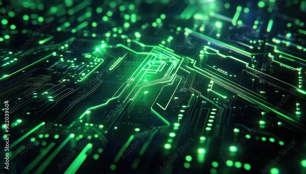 Digital circuit board with glowing green components in close-up view Digital circuit board with glowing green components in close-up view
