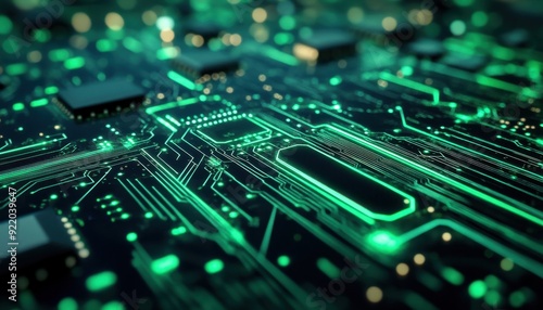 Detailed view of a modern circuit board with glowing green lines and components